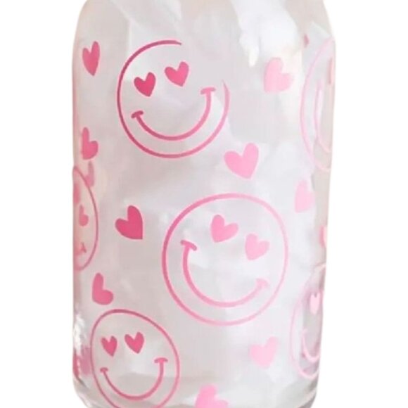 Pink Smiley Face Glass Tumbler 16 oz with Hearts Bamboo Lid and Glass Straw - Picture 2 of 10